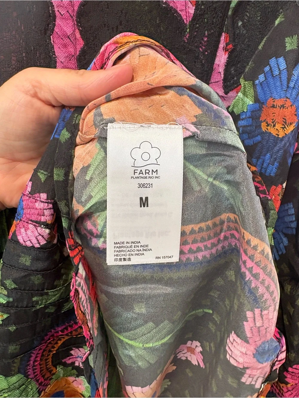 FARM Rio Black Floral Puff-Sleeve Blouse with Green, Pink and Orange Bloom